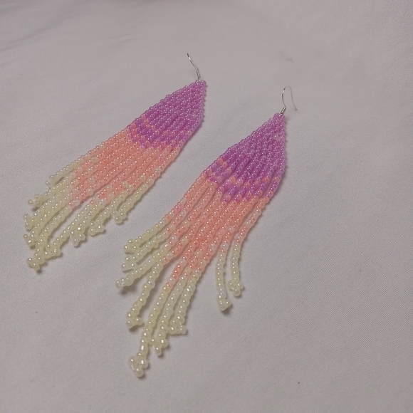 Hand Crafted Jewelry - Elegant Beaded Dangle Earrings - Purple, Pink, Cream